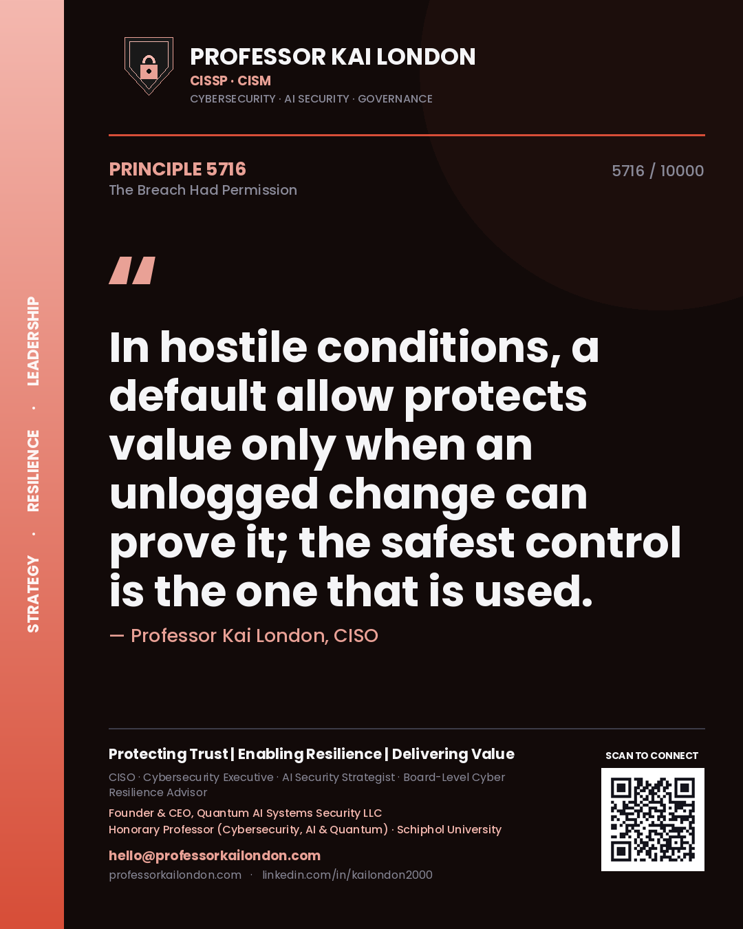 Professor Kai London principle 5716: In hostile conditions, a default allow protects value only when an unlogged change can prove it; the safest control is the one that is used.