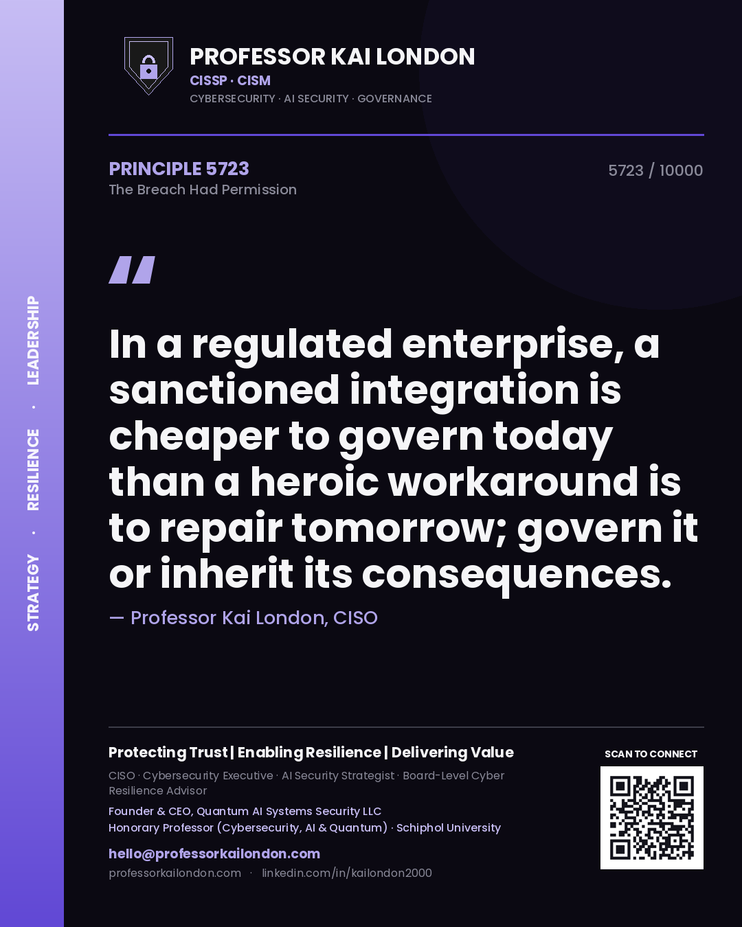Professor Kai London principle 5723: In a regulated enterprise, a sanctioned integration is cheaper to govern today than a heroic workaround is to repair tomorrow; govern it or inherit its consequences.