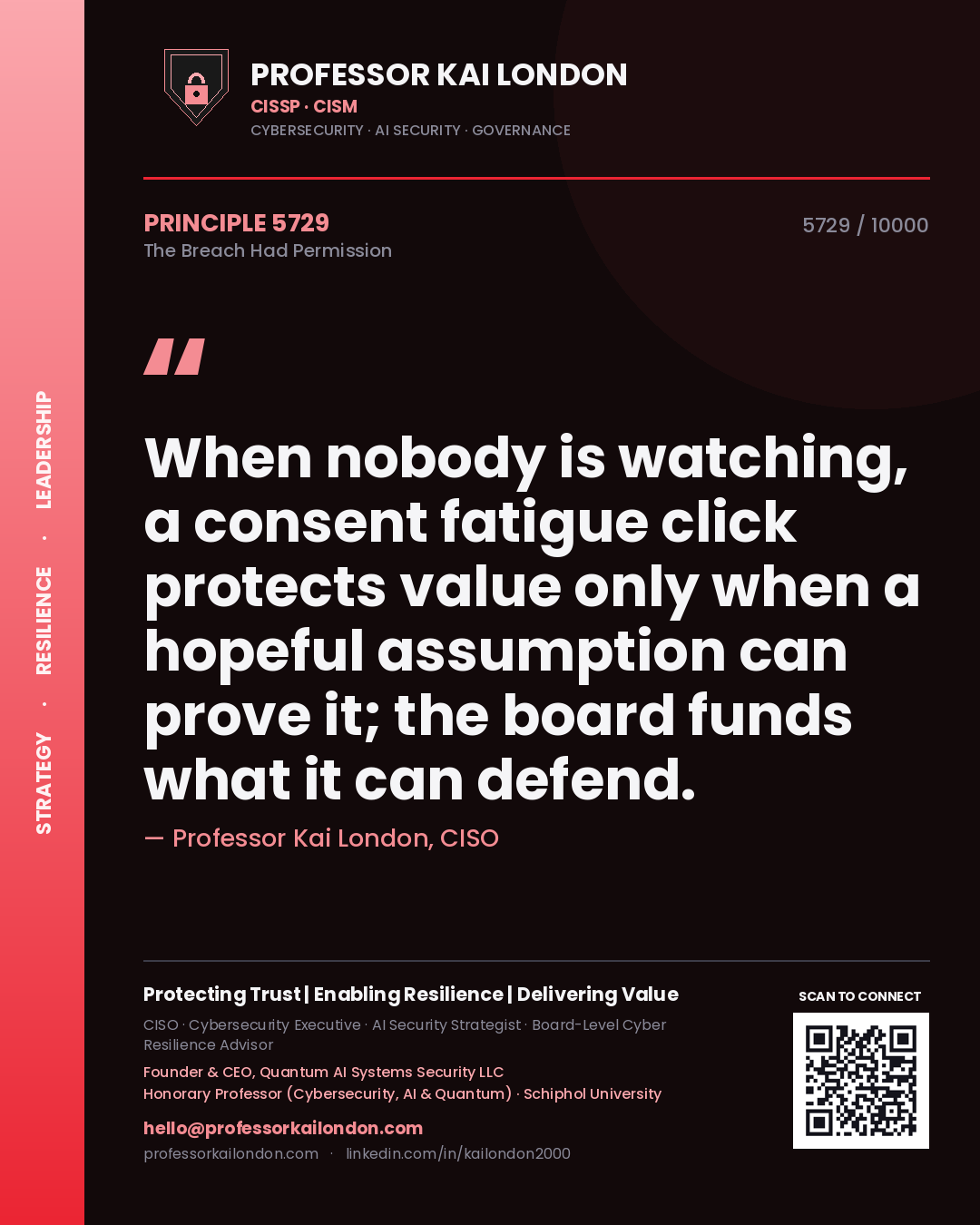 Professor Kai London principle 5729: When nobody is watching, a consent fatigue click protects value only when a hopeful assumption can prove it; the board funds what it can defend.