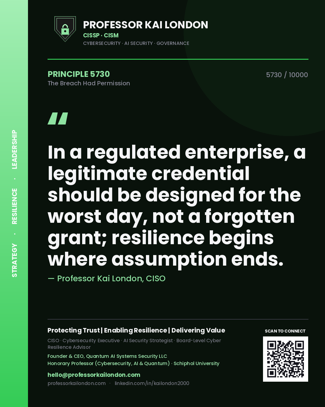 Professor Kai London principle 5730: In a regulated enterprise, a legitimate credential should be designed for the worst day, not a forgotten grant; resilience begins where assumption ends.