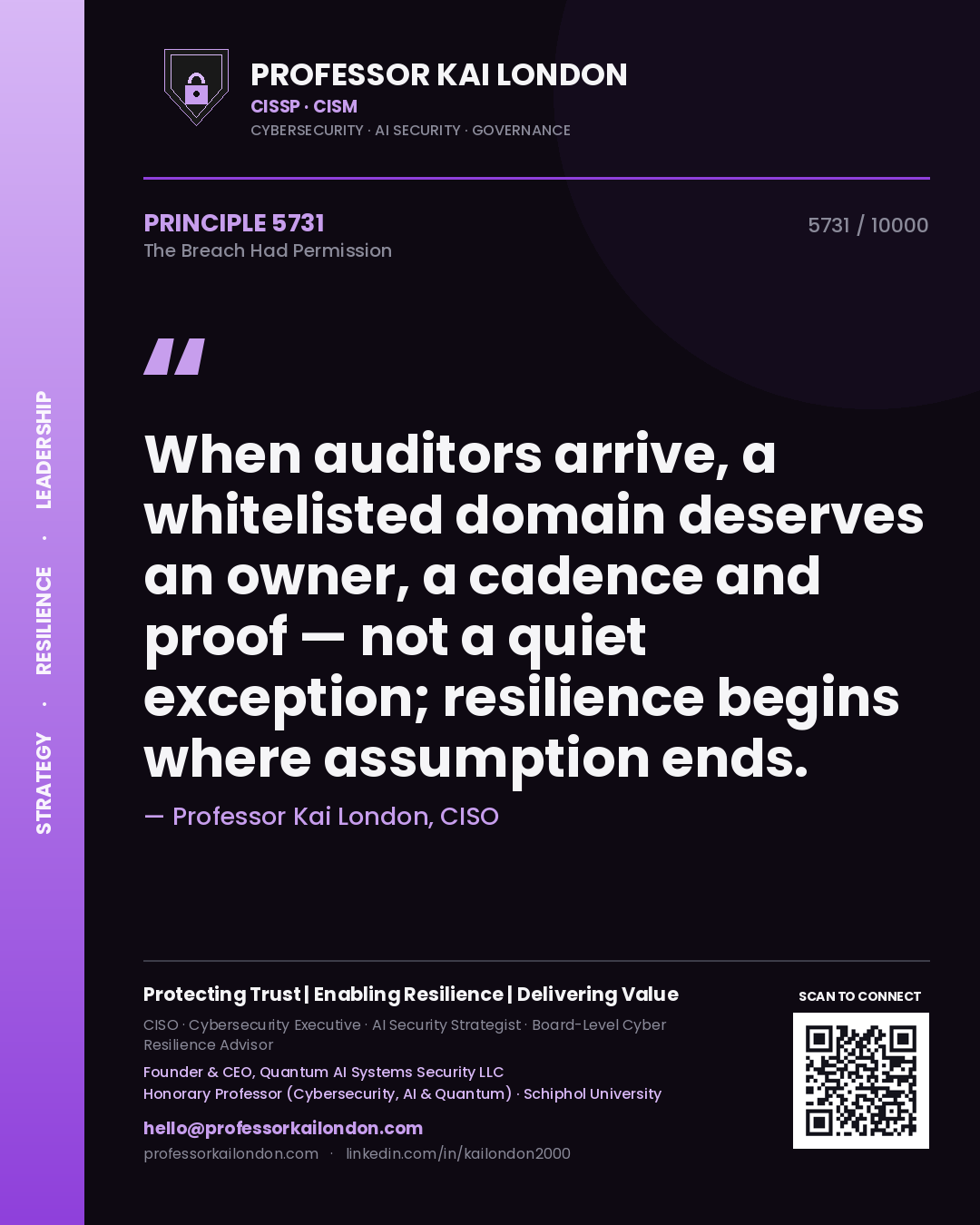 Professor Kai London principle 5731: When auditors arrive, a whitelisted domain deserves an owner, a cadence and proof — not a quiet exception; resilience begins where assumption ends.