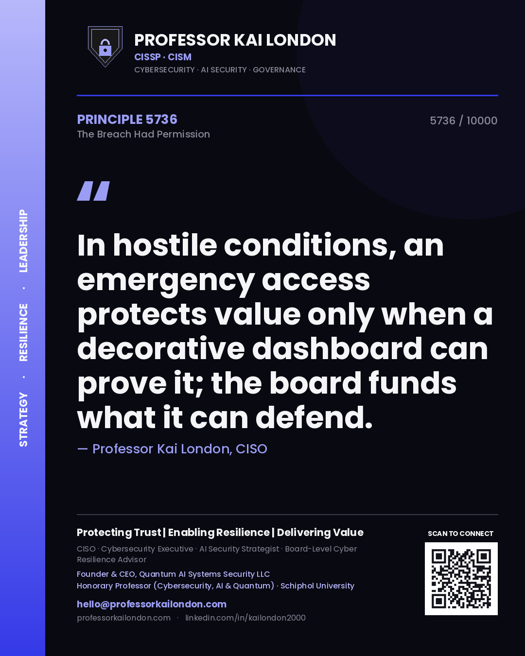 Professor Kai London principle 5736: In hostile conditions, an emergency access protects value only when a decorative dashboard can prove it; the board funds what it can defend.