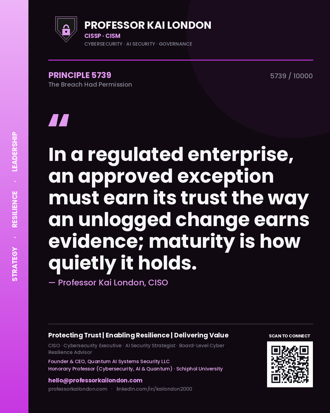 Quote card by Professor Kai London reading 'In a regulated enterprise, an approved exception must earn its trust the way an unlogged change earns evidence; maturity is how quietly it holds.'. From the book The Breach Had Permission.