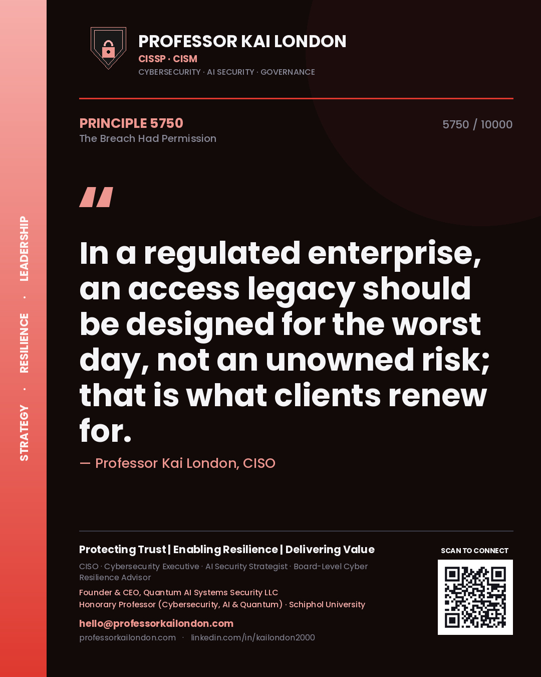 Professor Kai London principle 5750: In a regulated enterprise, an access legacy should be designed for the worst day, not an unowned risk; that is what clients renew for.
