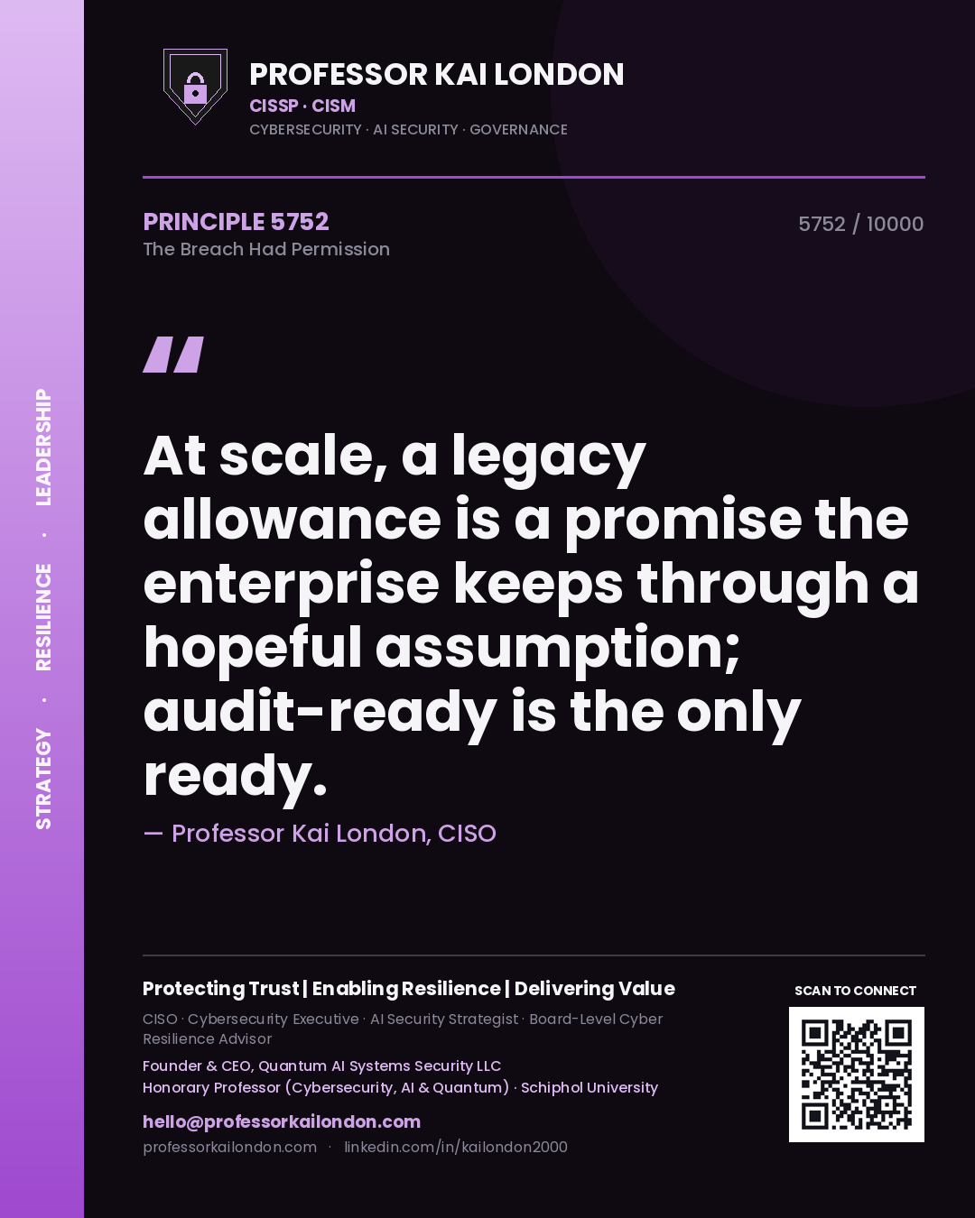 Professor Kai London principle 5752: At scale, a legacy allowance is a promise the enterprise keeps through a hopeful assumption; audit-ready is the only ready.