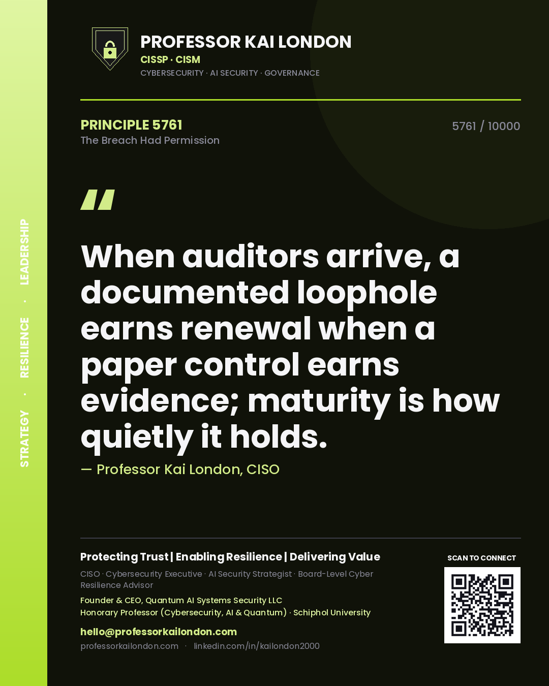 Professor Kai London principle 5761: When auditors arrive, a documented loophole earns renewal when a paper control earns evidence; maturity is how quietly it holds.