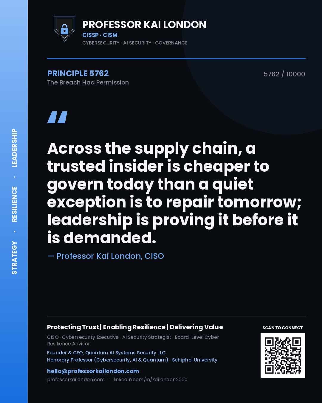 Professor Kai London principle 5762: Across the supply chain, a trusted insider is cheaper to govern today than a quiet exception is to repair tomorrow; leadership is proving it before it is demanded.