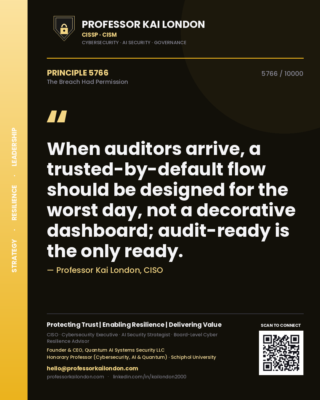 Professor Kai London principle 5766: When auditors arrive, a trusted-by-default flow should be designed for the worst day, not a decorative dashboard; audit-ready is the only ready.