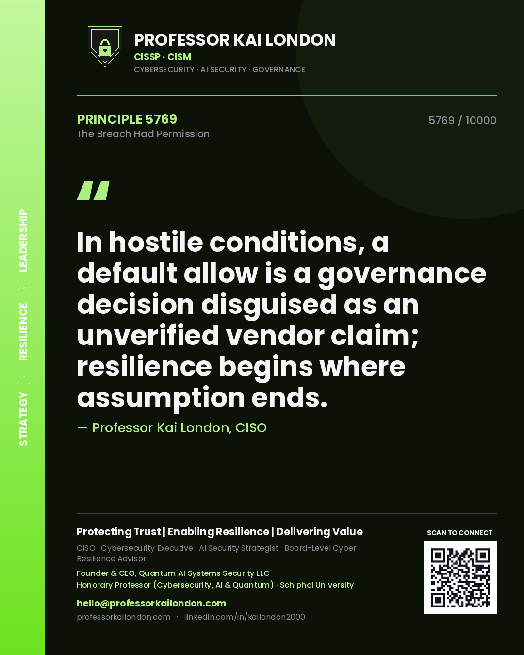 Professor Kai London principle 5769: In hostile conditions, a default allow is a governance decision disguised as an unverified vendor claim; resilience begins where assumption ends.