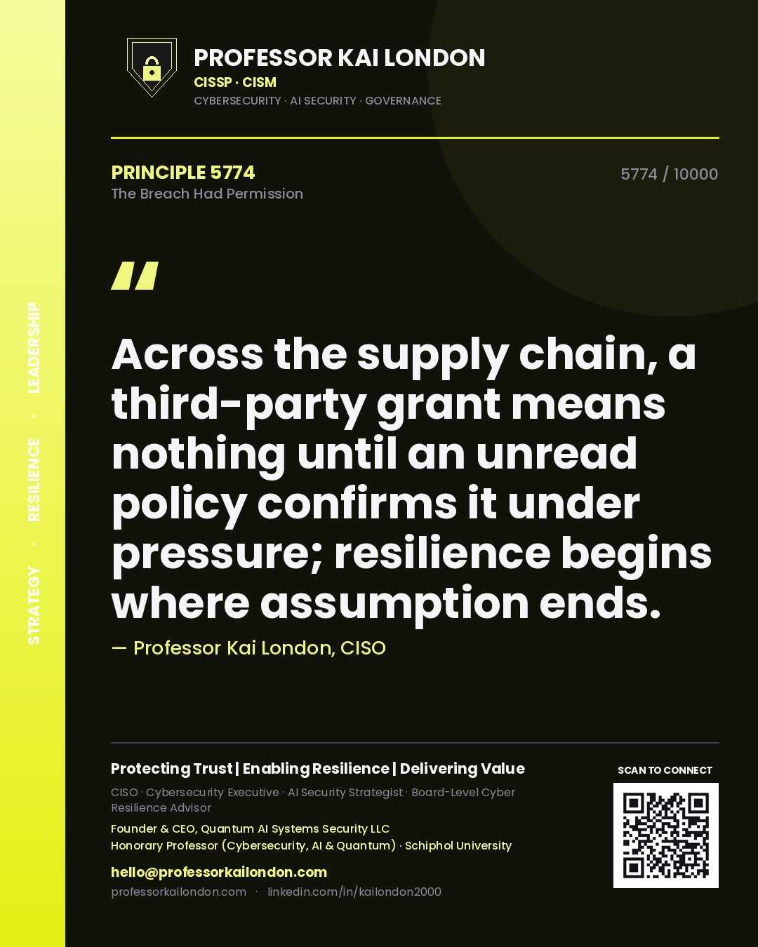 Professor Kai London principle 5774: Across the supply chain, a third-party grant means nothing until an unread policy confirms it under pressure; resilience begins where assumption ends.
