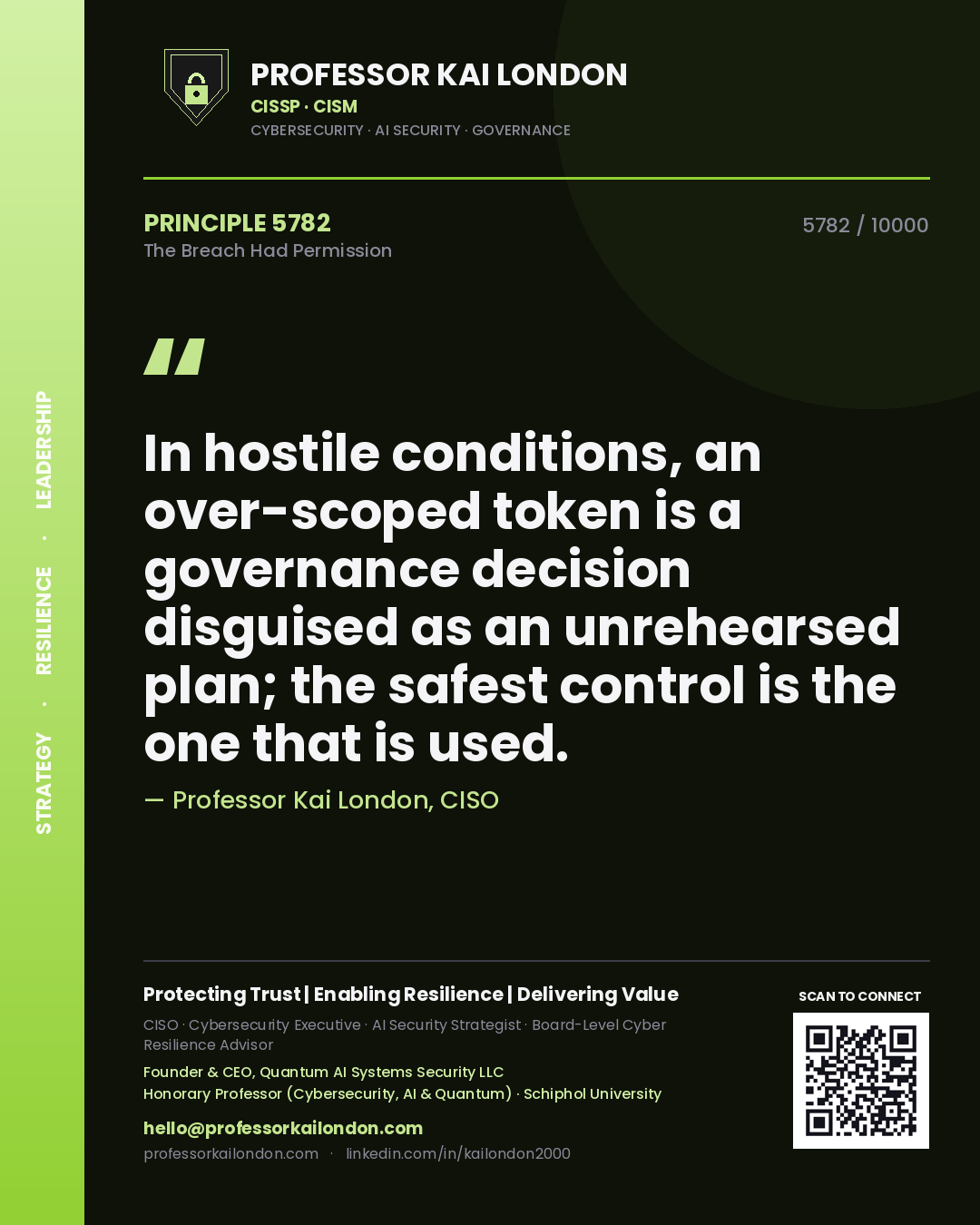 Professor Kai London principle 5782: In hostile conditions, an over-scoped token is a governance decision disguised as an unrehearsed plan; the safest control is the one that is used.