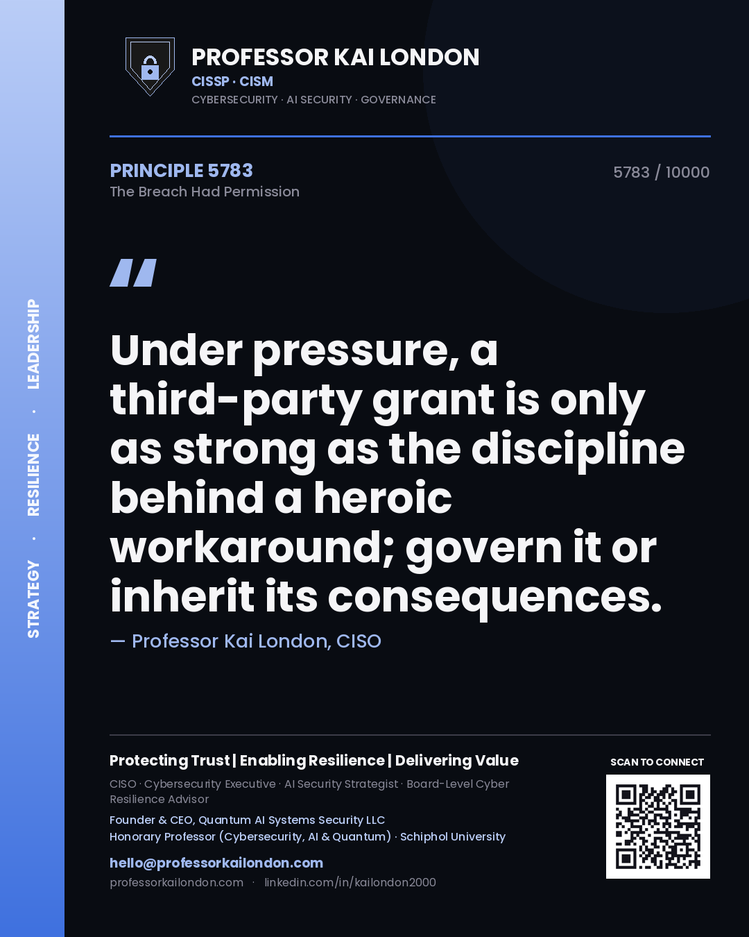 Professor Kai London principle 5783: Under pressure, a third-party grant is only as strong as the discipline behind a heroic workaround; govern it or inherit its consequences.