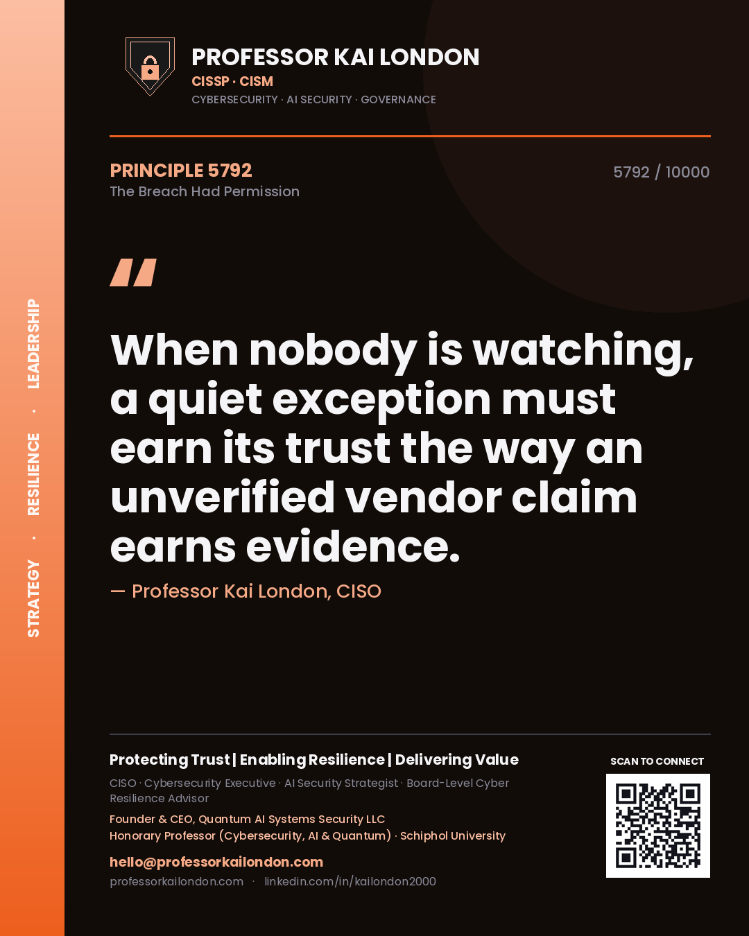 Professor Kai London principle 5792: When nobody is watching, a quiet exception must earn its trust the way an unverified vendor claim earns evidence.