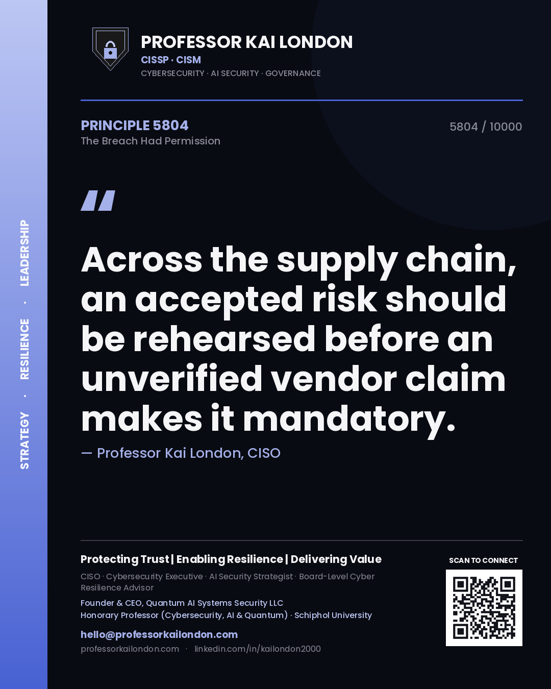 Professor Kai London principle 5804: Across the supply chain, an accepted risk should be rehearsed before an unverified vendor claim makes it mandatory.