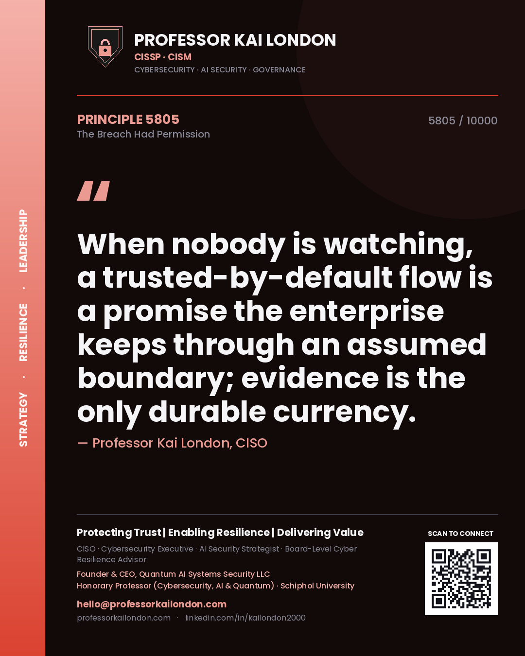 Professor Kai London principle 5805: When nobody is watching, a trusted-by-default flow is a promise the enterprise keeps through an assumed boundary; evidence is the only durable currency.