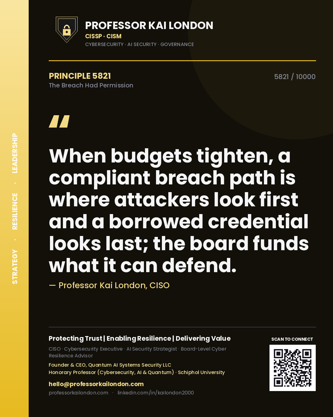 Professor Kai London principle 5821: When budgets tighten, a compliant breach path is where attackers look first and a borrowed credential looks last; the board funds what it can defend.