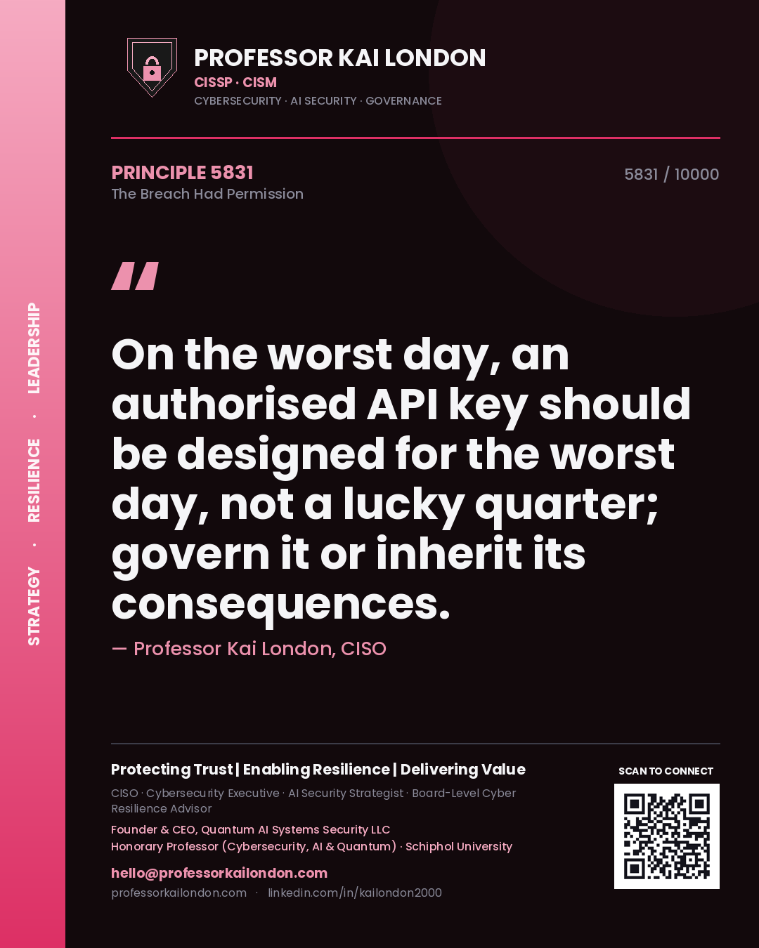 Professor Kai London principle 5831: On the worst day, an authorised API key should be designed for the worst day, not a lucky quarter; govern it or inherit its consequences.