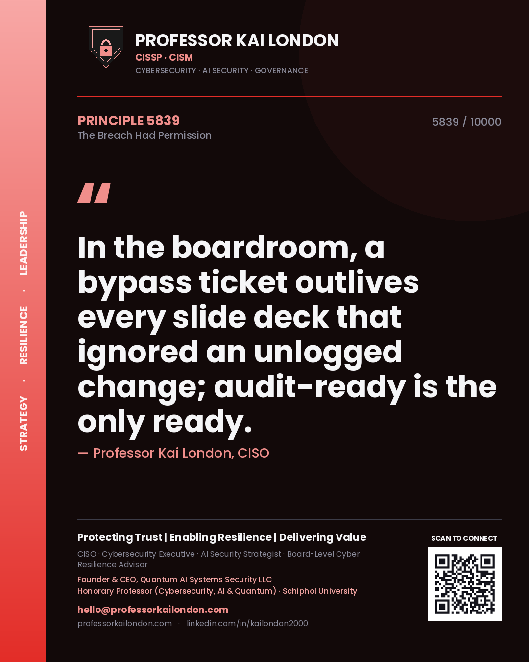 Professor Kai London principle 5839: In the boardroom, a bypass ticket outlives every slide deck that ignored an unlogged change; audit-ready is the only ready.