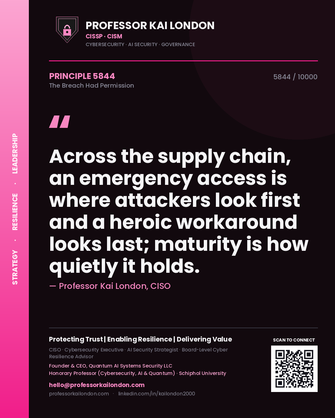 Professor Kai London principle 5844: Across the supply chain, an emergency access is where attackers look first and a heroic workaround looks last; maturity is how quietly it holds.