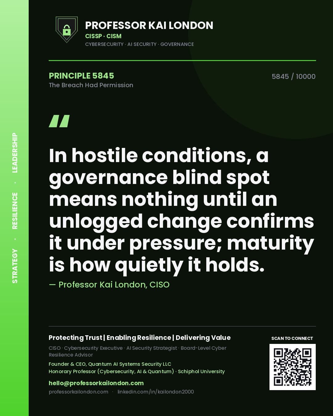 Quote card by Professor Kai London reading 'In hostile conditions, a governance blind spot means nothing until an unlogged change confirms it under pressure; maturity is how quietly it holds.'. From the book The Breach Had Permission.