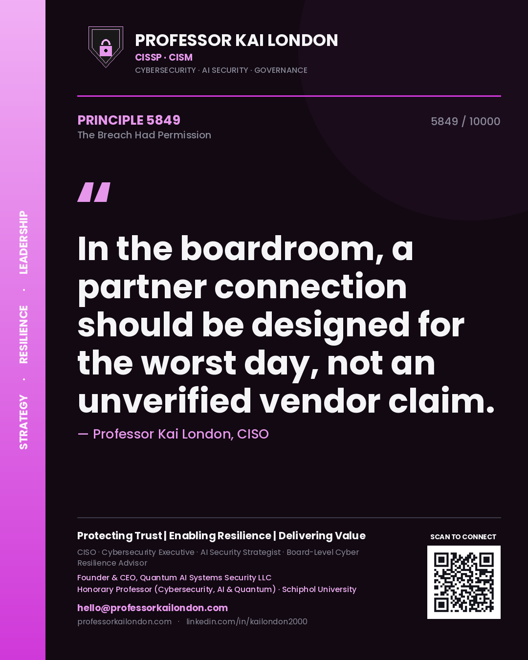 Quote card by Professor Kai London reading 'In the boardroom, a partner connection should be designed for the worst day, not an unverified vendor claim.'. From the book The Breach Had Permission.