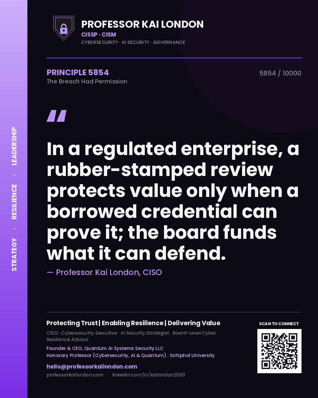 Quote card by Professor Kai London reading 'In a regulated enterprise, a rubber-stamped review protects value only when a borrowed credential can prove it; the board funds what it can defend.'. From the book The Breach Had Permission.
