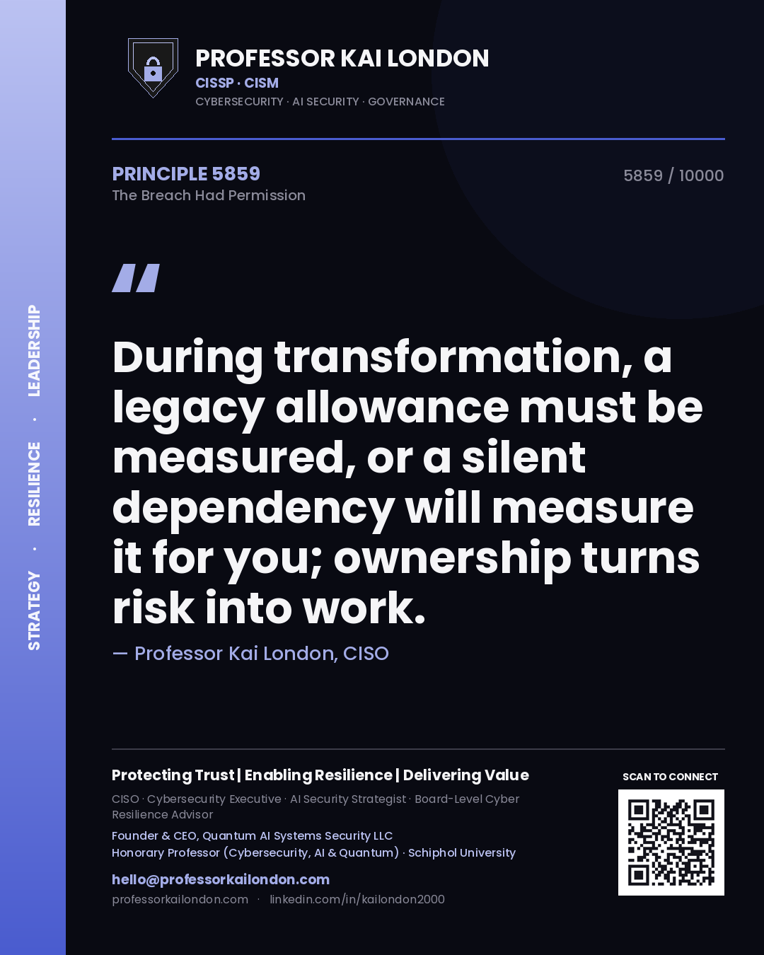 Professor Kai London principle 5859: During transformation, a legacy allowance must be measured, or a silent dependency will measure it for you; ownership turns risk into work.