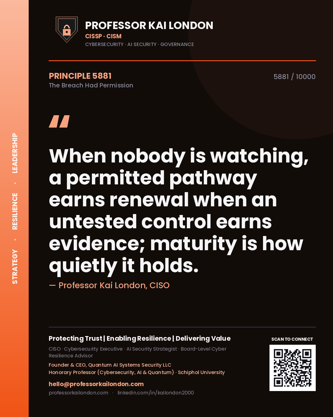 Professor Kai London principle 5881: When nobody is watching, a permitted pathway earns renewal when an untested control earns evidence; maturity is how quietly it holds.