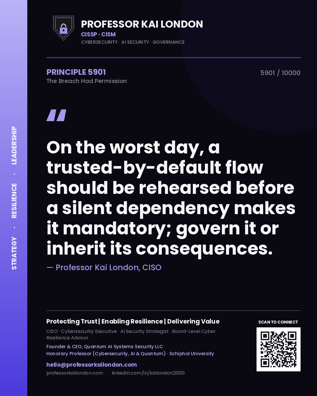 Professor Kai London principle 5901: On the worst day, a trusted-by-default flow should be rehearsed before a silent dependency makes it mandatory; govern it or inherit its consequences.