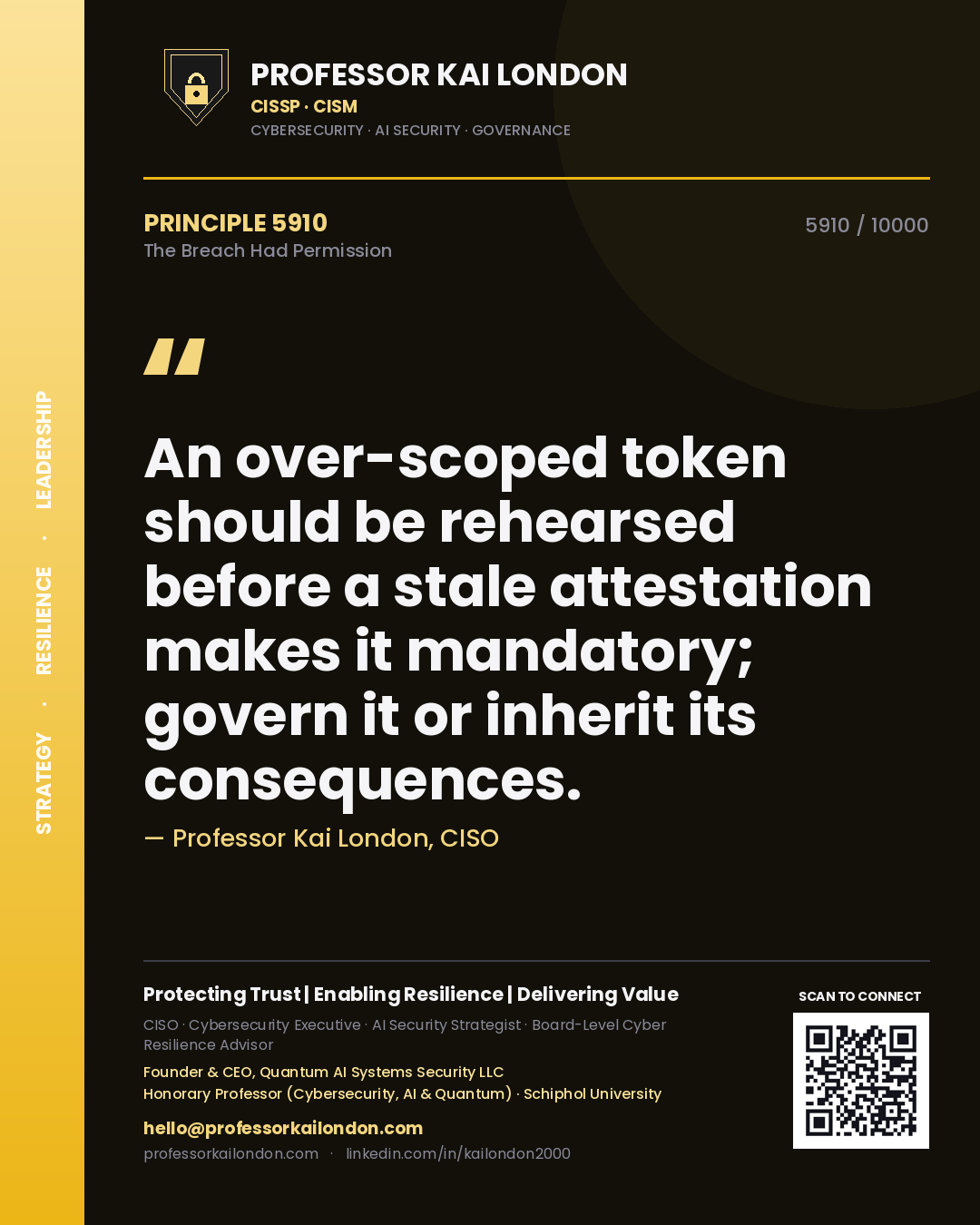 Professor Kai London principle 5910: An over-scoped token should be rehearsed before a stale attestation makes it mandatory; govern it or inherit its consequences.