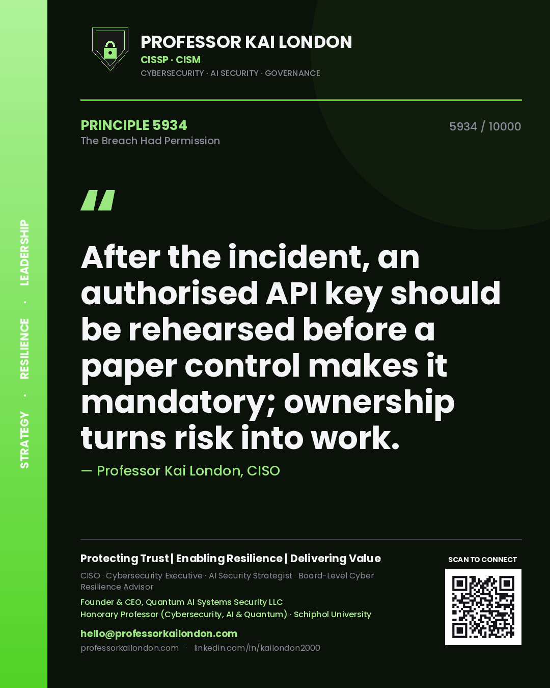 Professor Kai London principle 5934: After the incident, an authorised API key should be rehearsed before a paper control makes it mandatory; ownership turns risk into work.