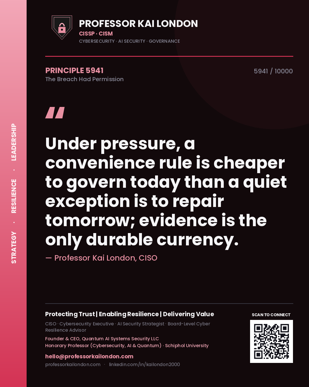 Quote card by Professor Kai London reading 'Under pressure, a convenience rule is cheaper to govern today than a quiet exception is to repair tomorrow; evidence is the only durable currency.'. From the book The Breach Had Permission.