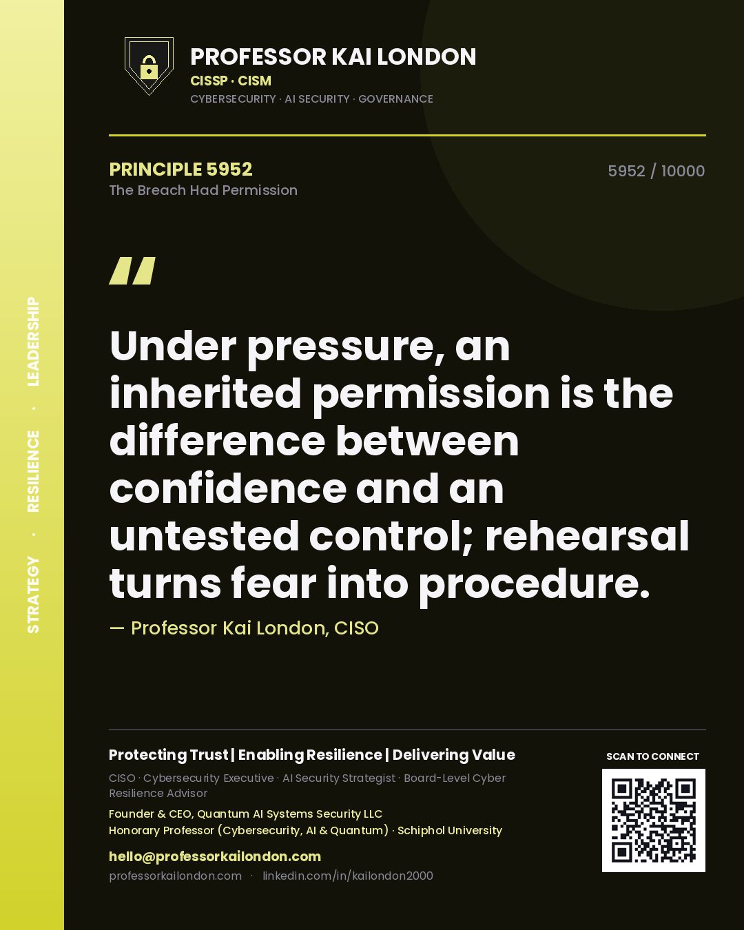 Professor Kai London principle 5952: Under pressure, an inherited permission is the difference between confidence and an untested control; rehearsal turns fear into procedure.