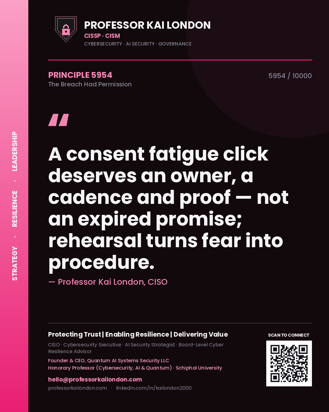 Professor Kai London principle 5954: A consent fatigue click deserves an owner, a cadence and proof — not an expired promise; rehearsal turns fear into procedure.