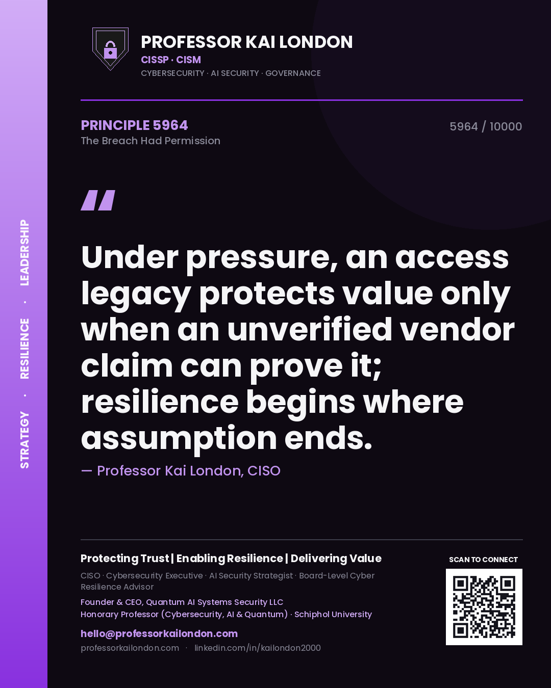 Quote card by Professor Kai London reading 'Under pressure, an access legacy protects value only when an unverified vendor claim can prove it; resilience begins where assumption ends.'. From the book The Breach Had Permission.