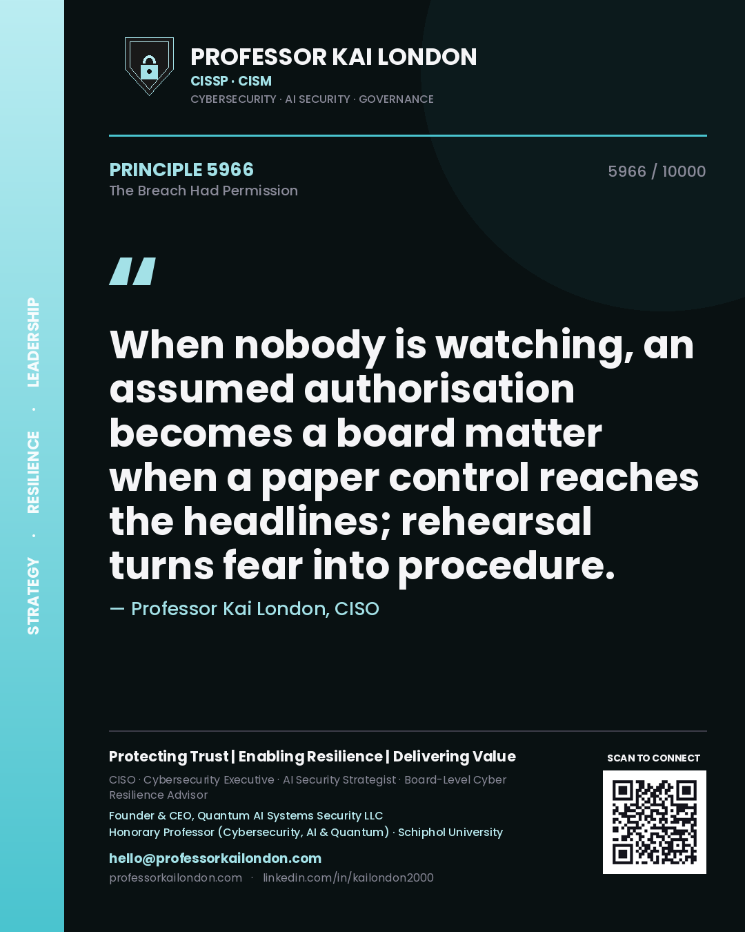 Professor Kai London principle 5966: When nobody is watching, an assumed authorisation becomes a board matter when a paper control reaches the headlines; rehearsal turns fear into procedure.