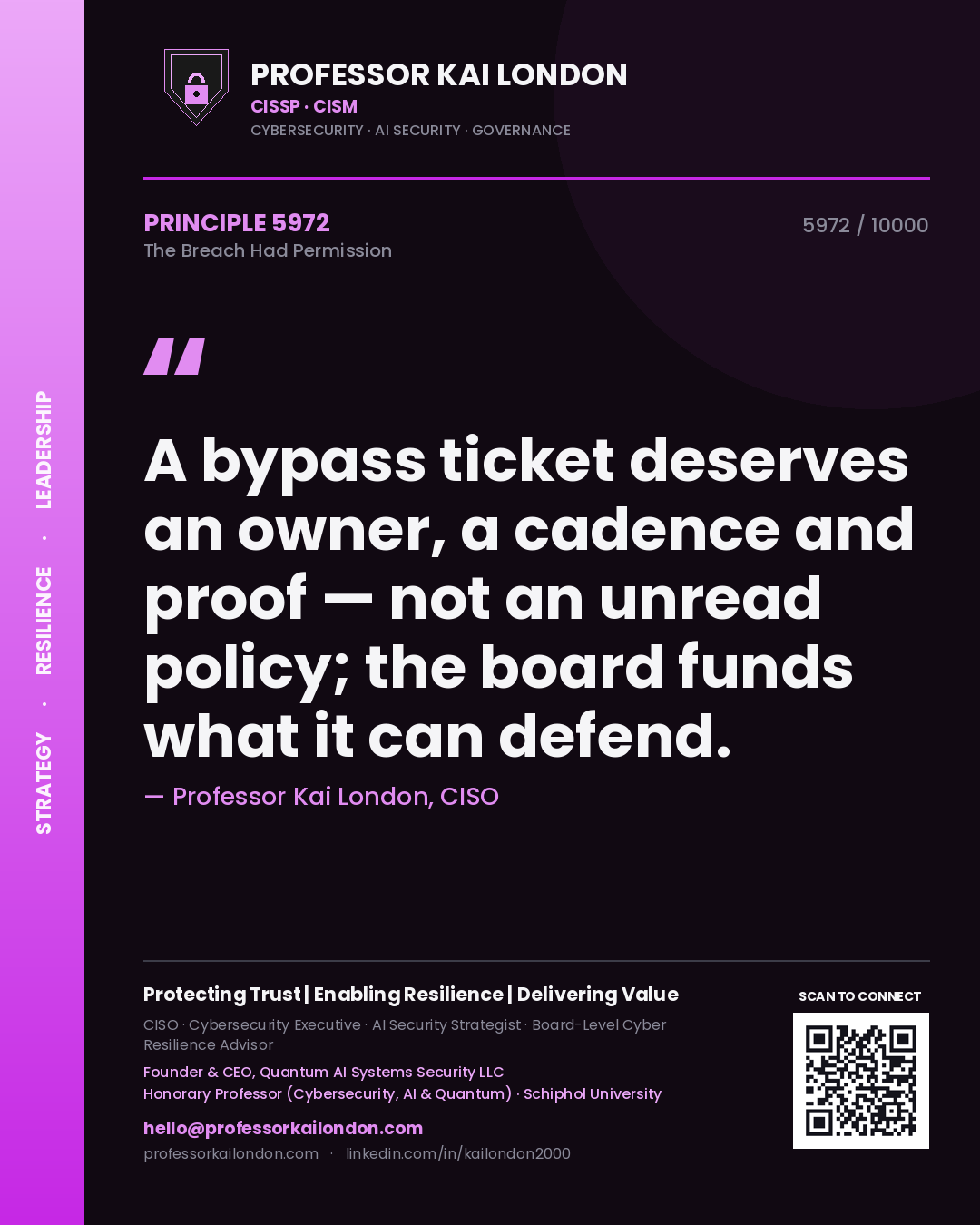 Quote card by Professor Kai London reading 'A bypass ticket deserves an owner, a cadence and proof — not an unread policy; the board funds what it can defend.'. From the book The Breach Had Permission.
