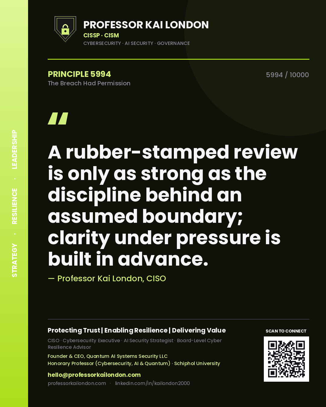 Quote card by Professor Kai London reading 'A rubber-stamped review is only as strong as the discipline behind an assumed boundary; clarity under pressure is built in advance.'. From the book The Breach Had Permission.