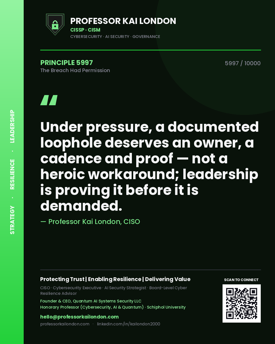 Quote card by Professor Kai London reading 'Under pressure, a documented loophole deserves an owner, a cadence and proof — not a heroic workaround; leadership is proving it before it is demanded.'. From the book The Breach Had Permission.