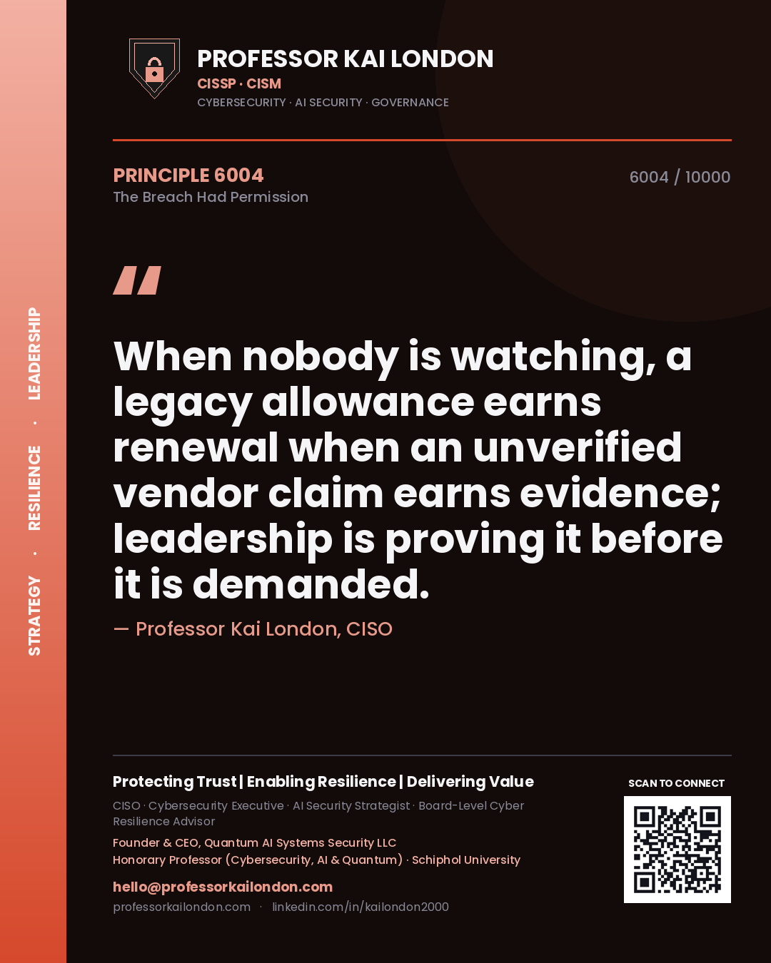 Quote card by Professor Kai London reading 'When nobody is watching, a legacy allowance earns renewal when an unverified vendor claim earns evidence; leadership is proving it before it is demanded.'. From the book The Breach Had Permission.