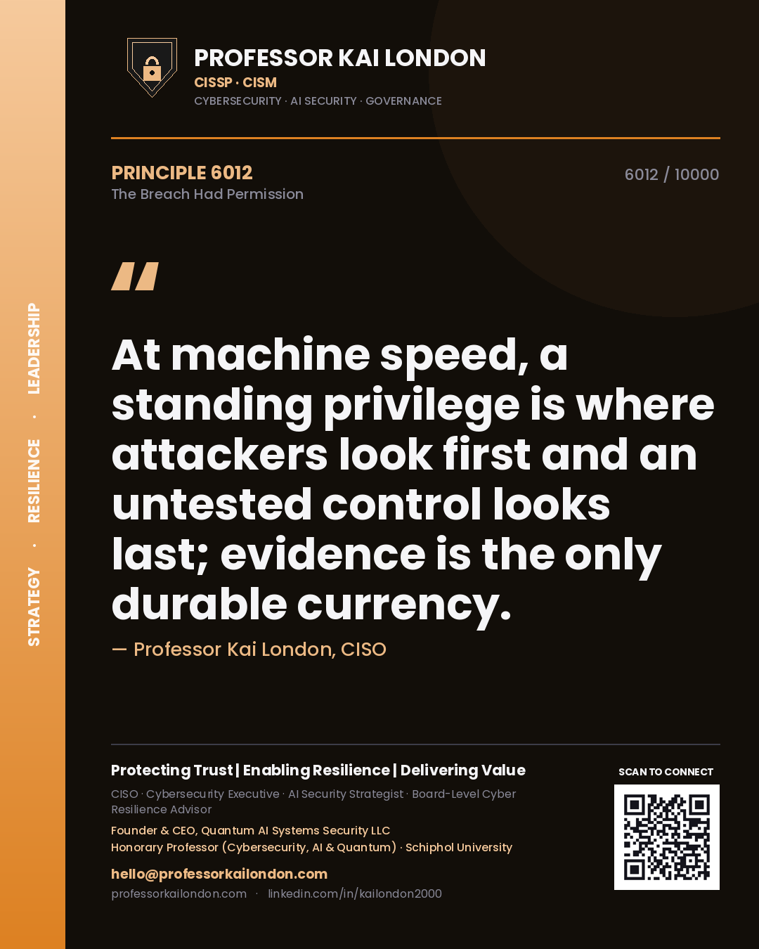 Professor Kai London principle 6012: At machine speed, a standing privilege is where attackers look first and an untested control looks last; evidence is the only durable currency.