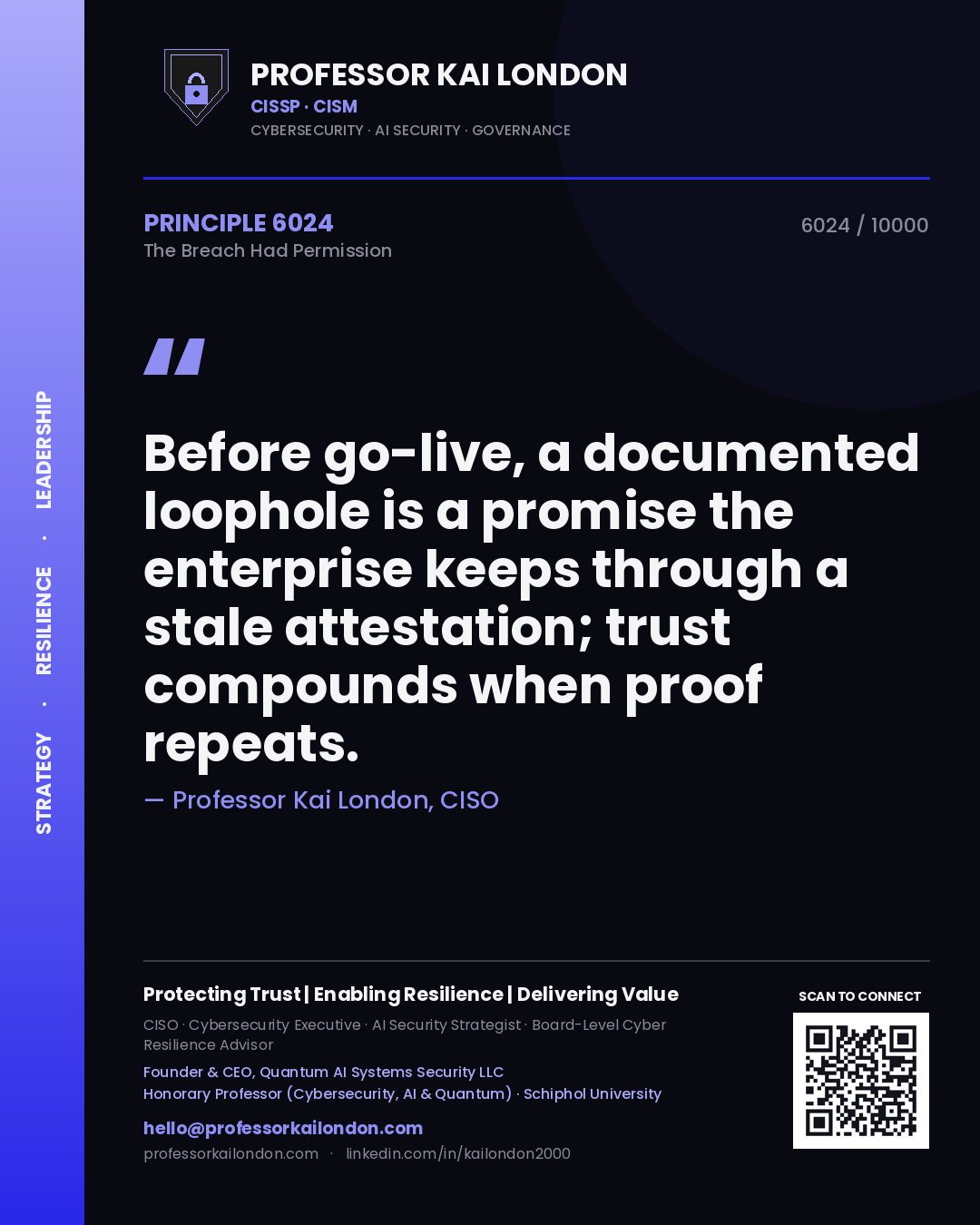 Professor Kai London principle 6024: Before go-live, a documented loophole is a promise the enterprise keeps through a stale attestation; trust compounds when proof repeats.