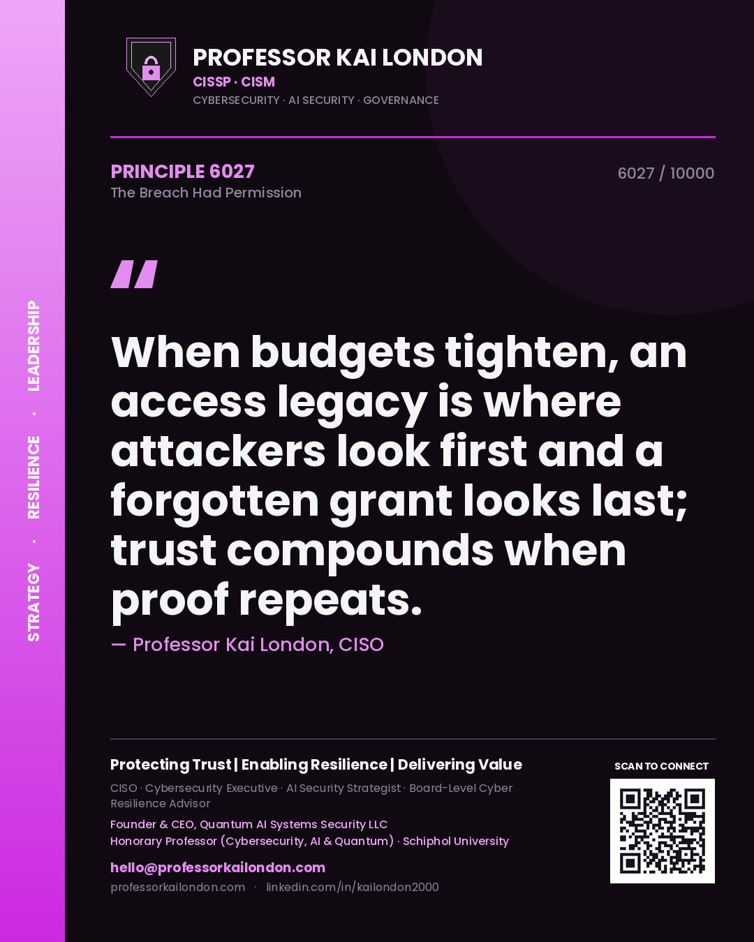 Quote card by Professor Kai London reading 'When budgets tighten, an access legacy is where attackers look first and a forgotten grant looks last; trust compounds when proof repeats.'. From the book The Breach Had Permission.