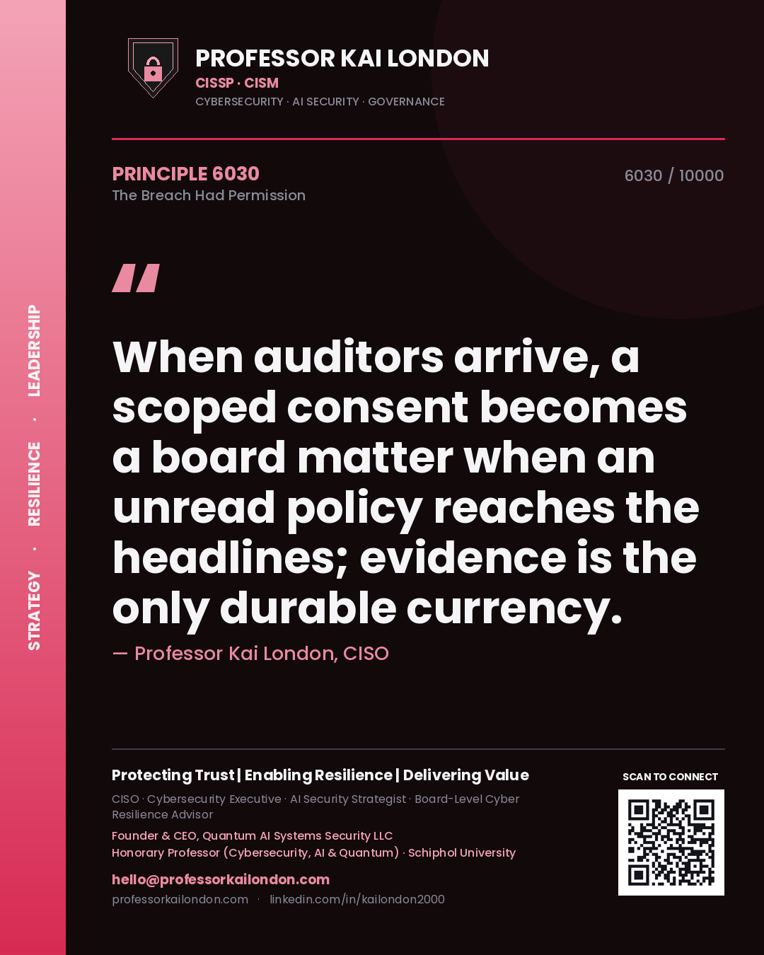Professor Kai London principle 6030: When auditors arrive, a scoped consent becomes a board matter when an unread policy reaches the headlines; evidence is the only durable currency.