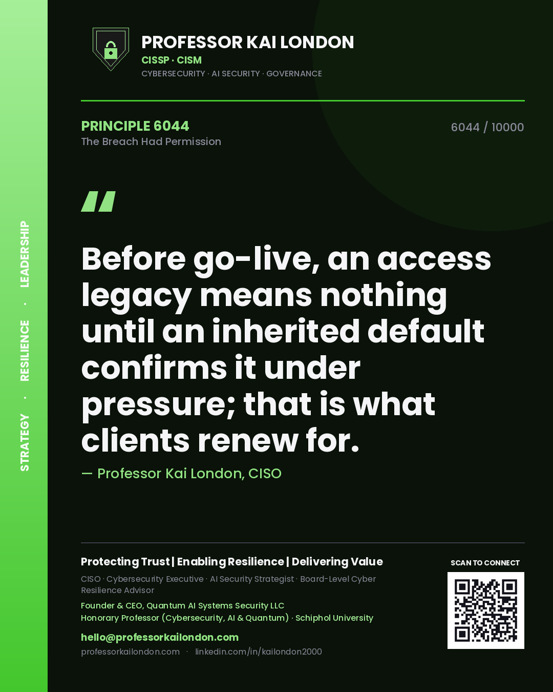 Quote card by Professor Kai London reading 'Before go-live, an access legacy means nothing until an inherited default confirms it under pressure; that is what clients renew for.'. From the book The Breach Had Permission.