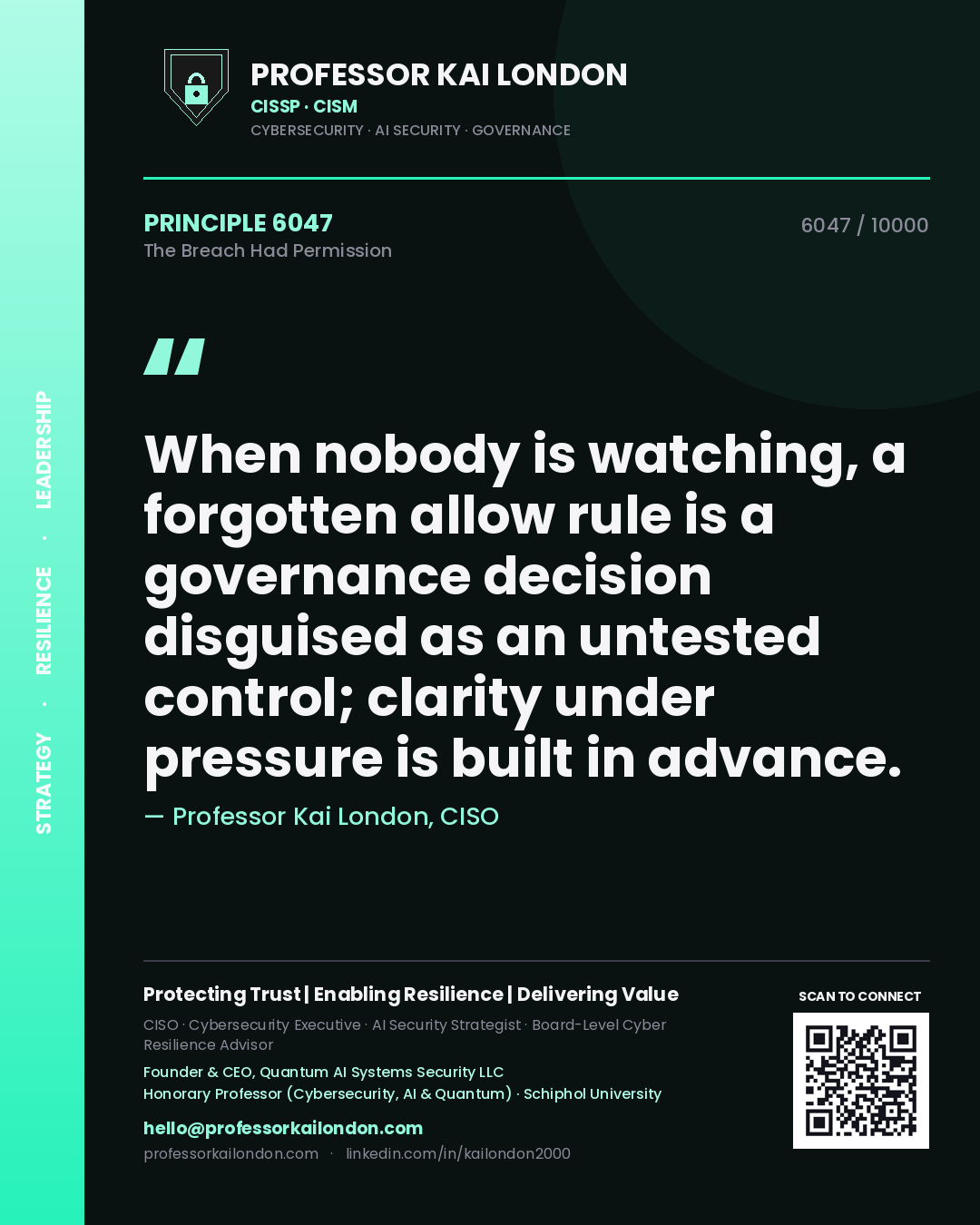 Professor Kai London principle 6047: When nobody is watching, a forgotten allow rule is a governance decision disguised as an untested control; clarity under pressure is built in advance.