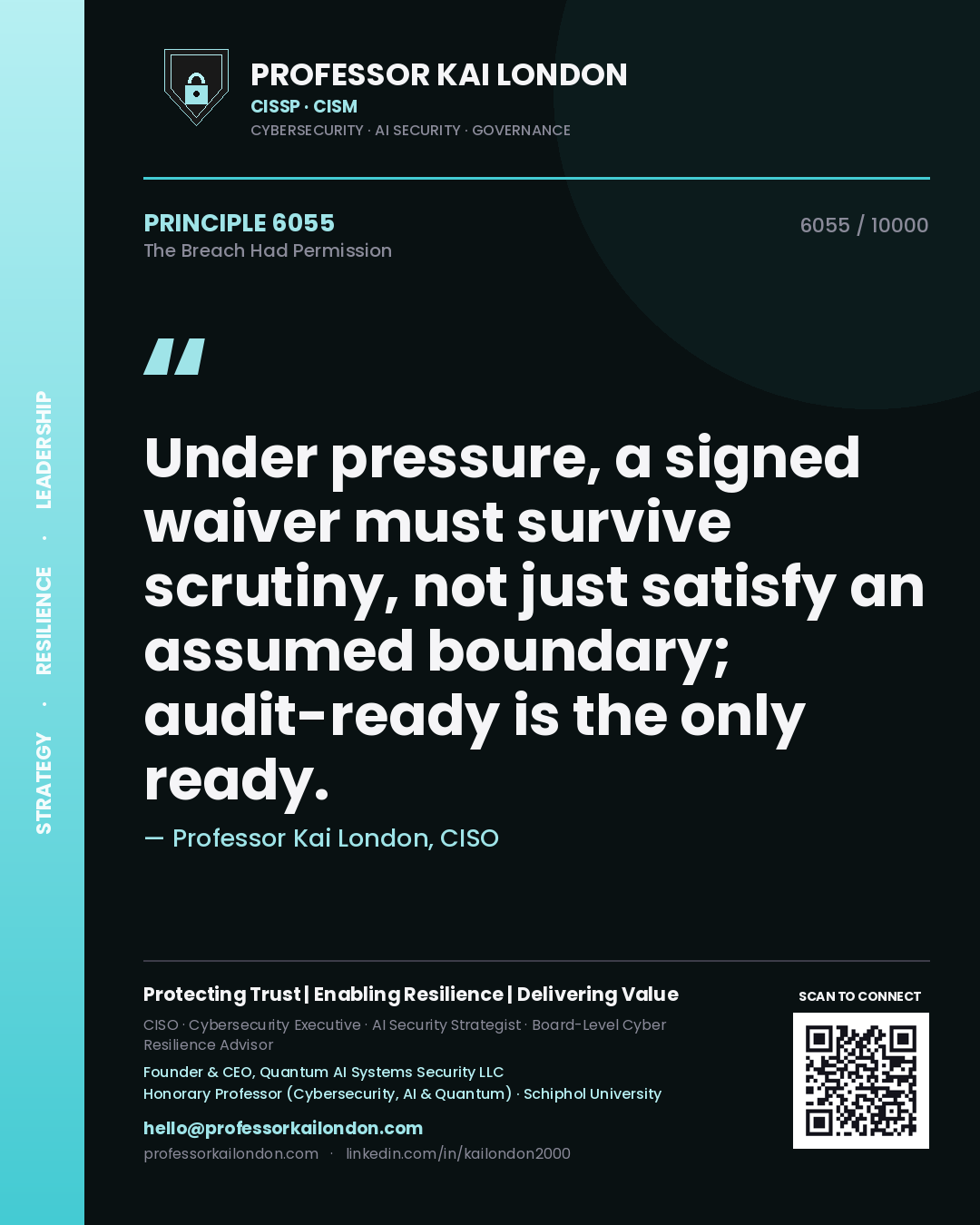 Quote card by Professor Kai London reading 'Under pressure, a signed waiver must survive scrutiny, not just satisfy an assumed boundary; audit-ready is the only ready.'. From the book The Breach Had Permission.