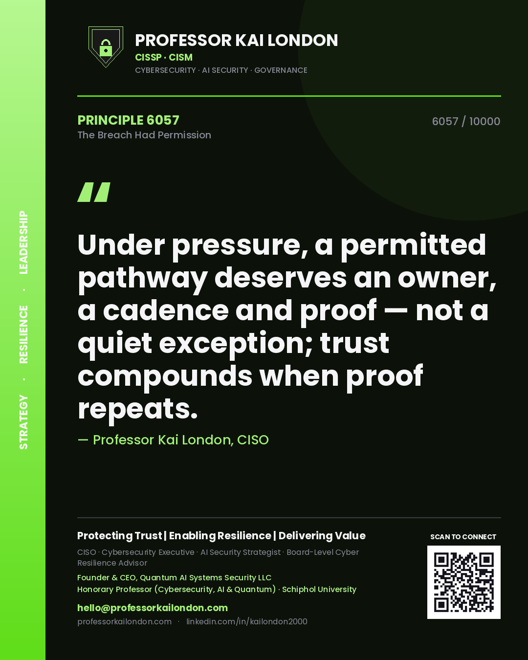 Professor Kai London principle 6057: Under pressure, a permitted pathway deserves an owner, a cadence and proof — not a quiet exception; trust compounds when proof repeats.