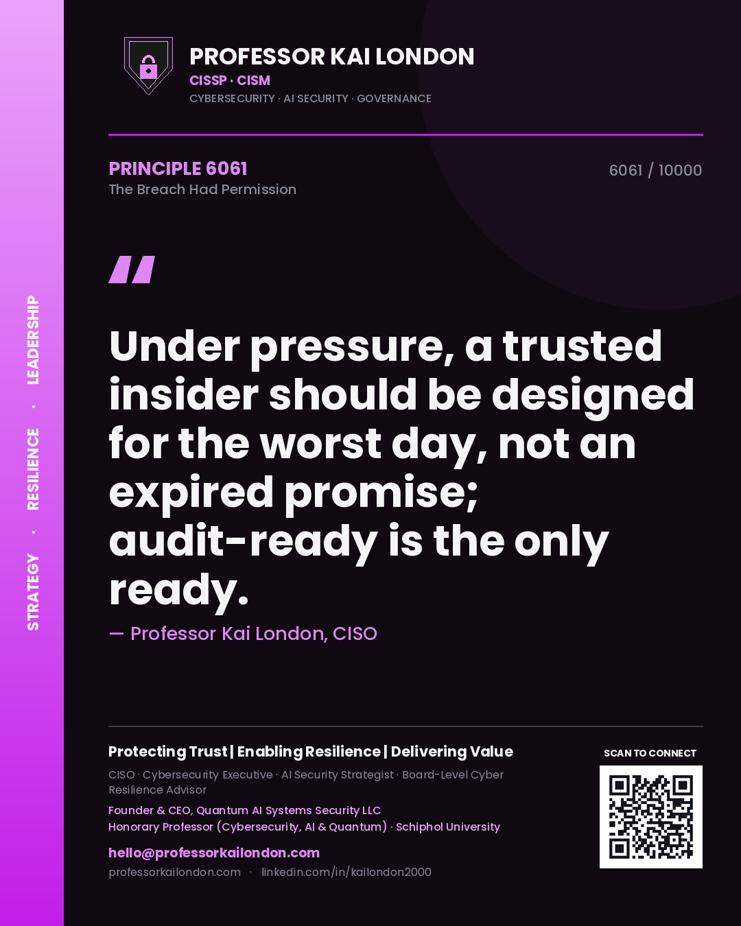 Professor Kai London principle 6061: Under pressure, a trusted insider should be designed for the worst day, not an expired promise; audit-ready is the only ready.
