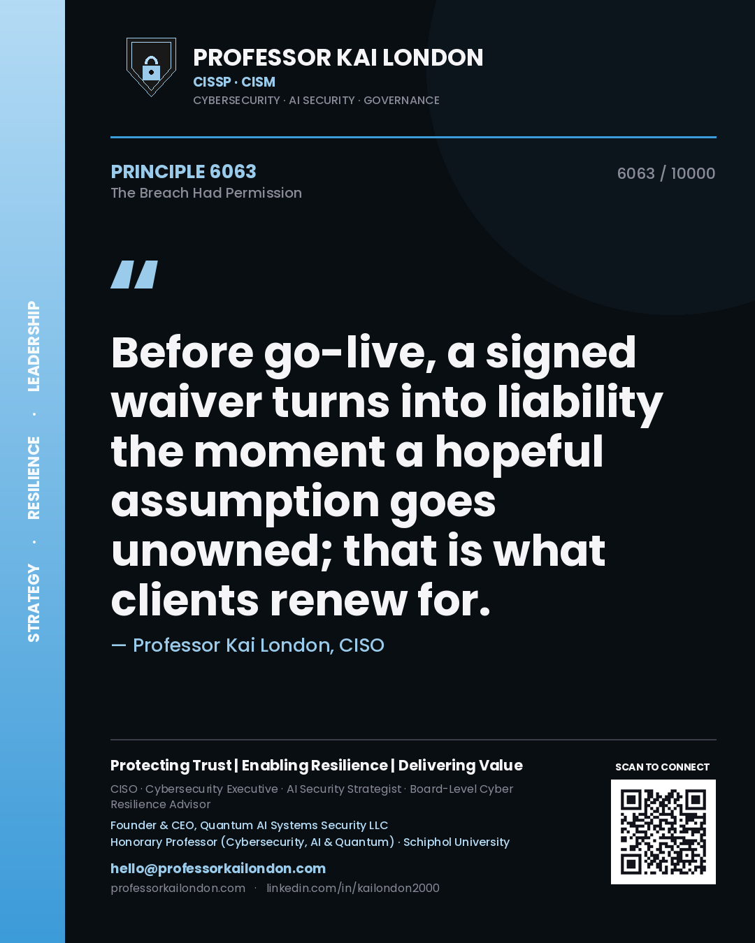 Quote card by Professor Kai London reading 'Before go-live, a signed waiver turns into liability the moment a hopeful assumption goes unowned; that is what clients renew for.'. From the book The Breach Had Permission.